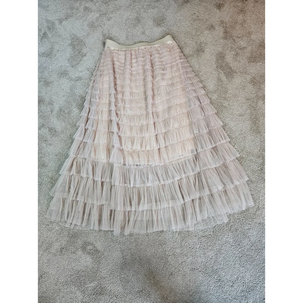 Tulle Ruffle Maxi Skirt Womens XL Blush Nude Tiered Mesh Whimsical Romantic Soft - Picture 5 of 8